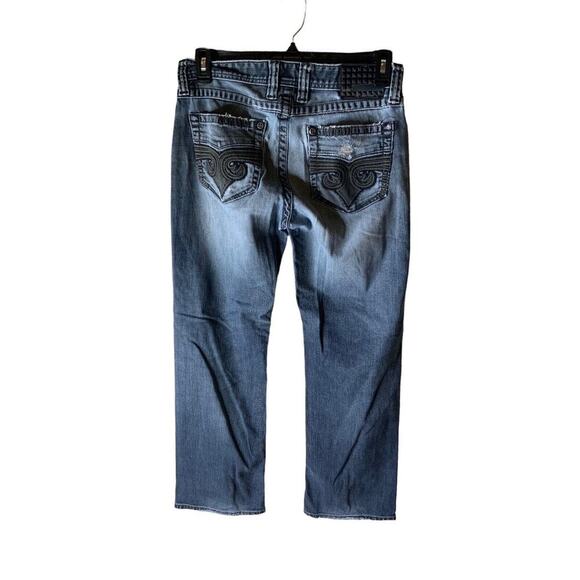 Affliction Cooper Buckle Denim Jeans 32R Distressed Dark Wash Stretch Blue - Picture 2 of 13